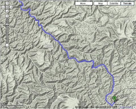 1985 Ford LTD Crown Victoria - Map displays a route through a mountainous region, with various towns and geographical features labeled.