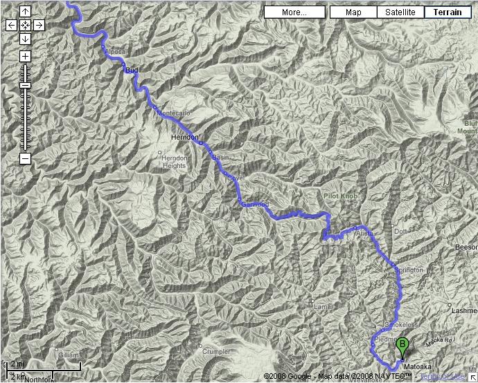 Google Maps terrain view showing a route through mountainous terrain with place names like Bud, Herndon, and Pilot Knob