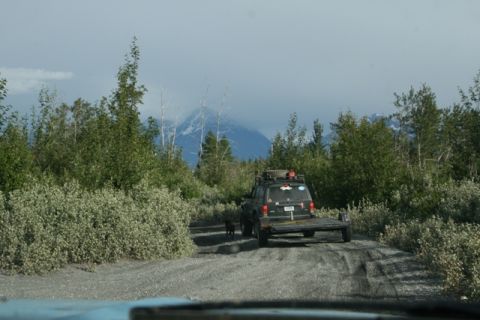 1990 Chevrolet Suburban - A Jeep Cherokee tows a trailer down a dirt road, with a dog walking behind it and mountains in the distance.