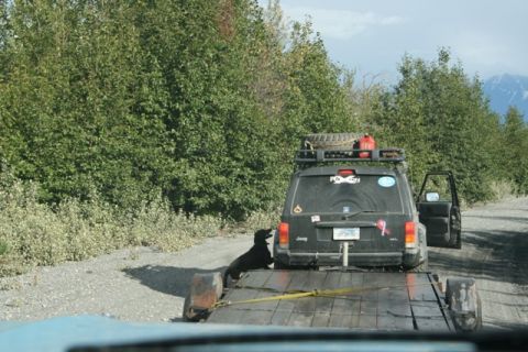 1990 Chevrolet Suburban - A black Jeep Cherokee is loaded onto a flatbed trailer, with a dog standing on the trailer.