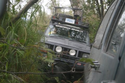 1990 Chevrolet Suburban - Two off-road vehicles are partially obscured by dense foliage and branches. The front vehicle is a dark-colored SUV with a roof rack and au…