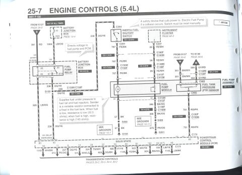 2007 Ford Mustang - Factory wiring diagram for 2001 Ford P-150 5.4L engine controls showing fuel pump, PCM and connector circuits with color codes.