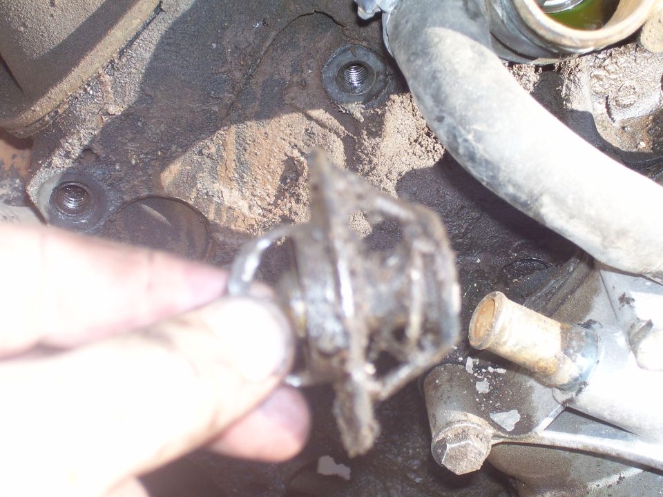 Rusted thermostat housing being held in front of a dirty engine block with hoses.