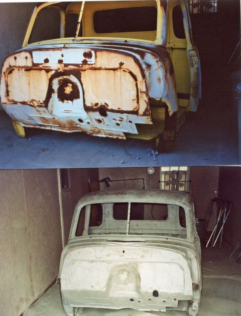 2007 Ford Mustang - Restoration photo collage of a bare truck cab body shell, not a technical document.