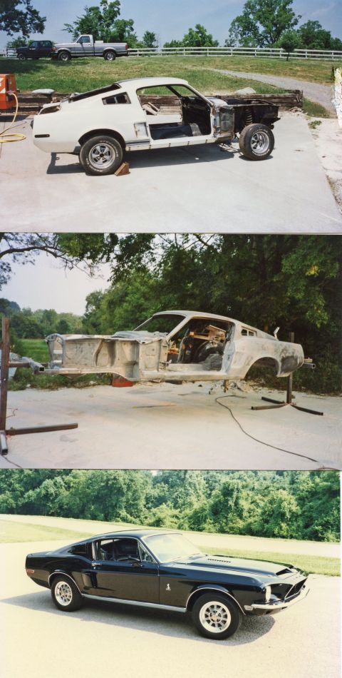 2007 Ford Mustang - Restoration photo collage of a Shelby Mustang project and finished car, not a technical document.