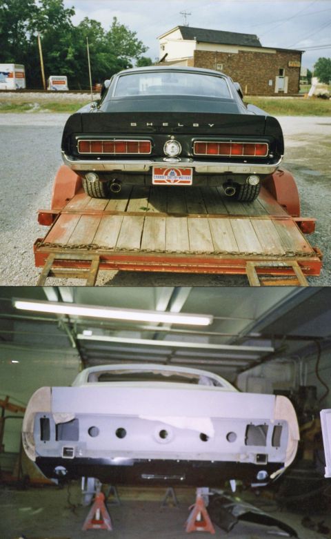 2007 Ford Mustang - Restoration photo collage of a Shelby Mustang rear end and bare panel, not a technical document.