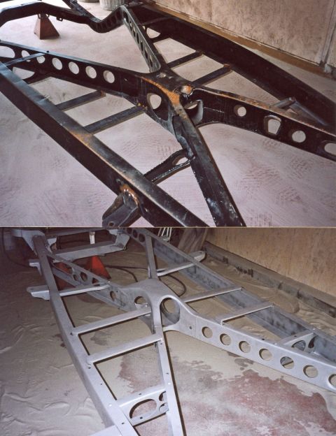 2007 Ford Mustang - Restoration photo collage of a vehicle frame chassis being refinished, not a technical document.