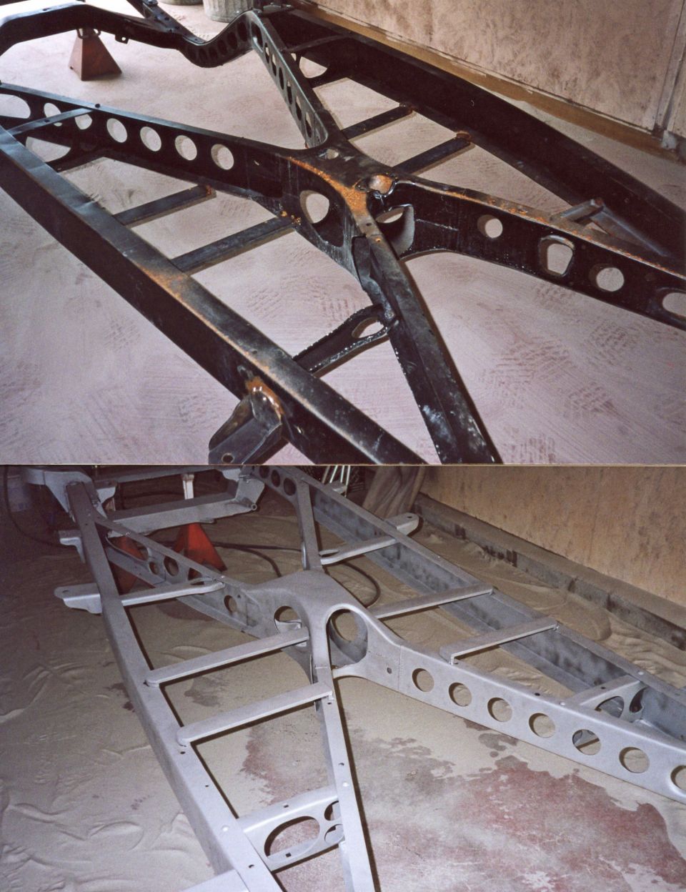 Two photos of a car frame chassis before and after refinishing