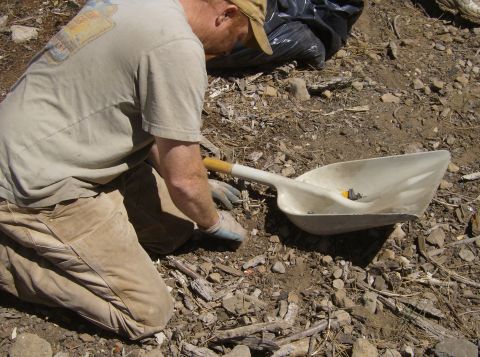 1986 Ford Bronco - A person wearing a tan t-shirt and pants, and gloves, is kneeling on the ground next to a shovel. The shovel contains some debris. The grou…