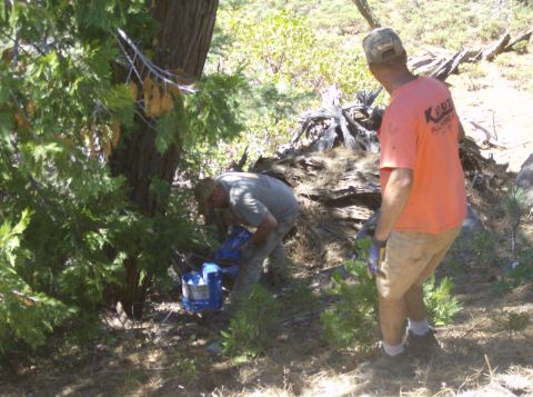 1986 Ford Bronco - Two men are working in a wooded area near a large tree. One man is bent over, handling blue containers and a bucket, while the other man st…