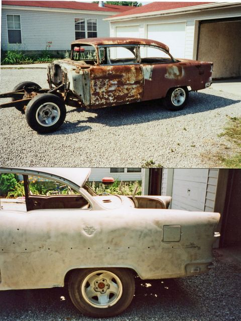 2007 Ford Mustang - Restoration photo collage of a rusty 1955-era car body being stripped, not a technical document.