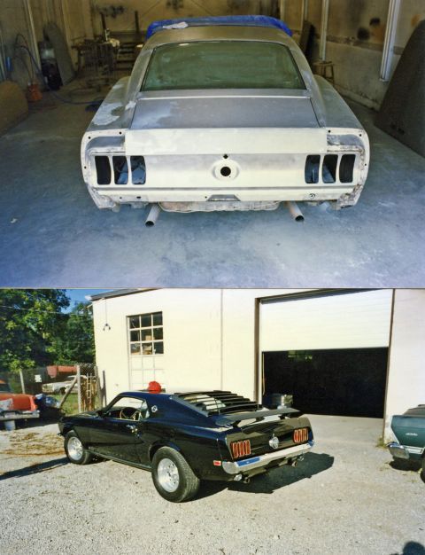 2007 Ford Mustang - Photographs of a 1969 Mustang fastback, shown as a stripped body shell and as a completed black car, not a technical document.