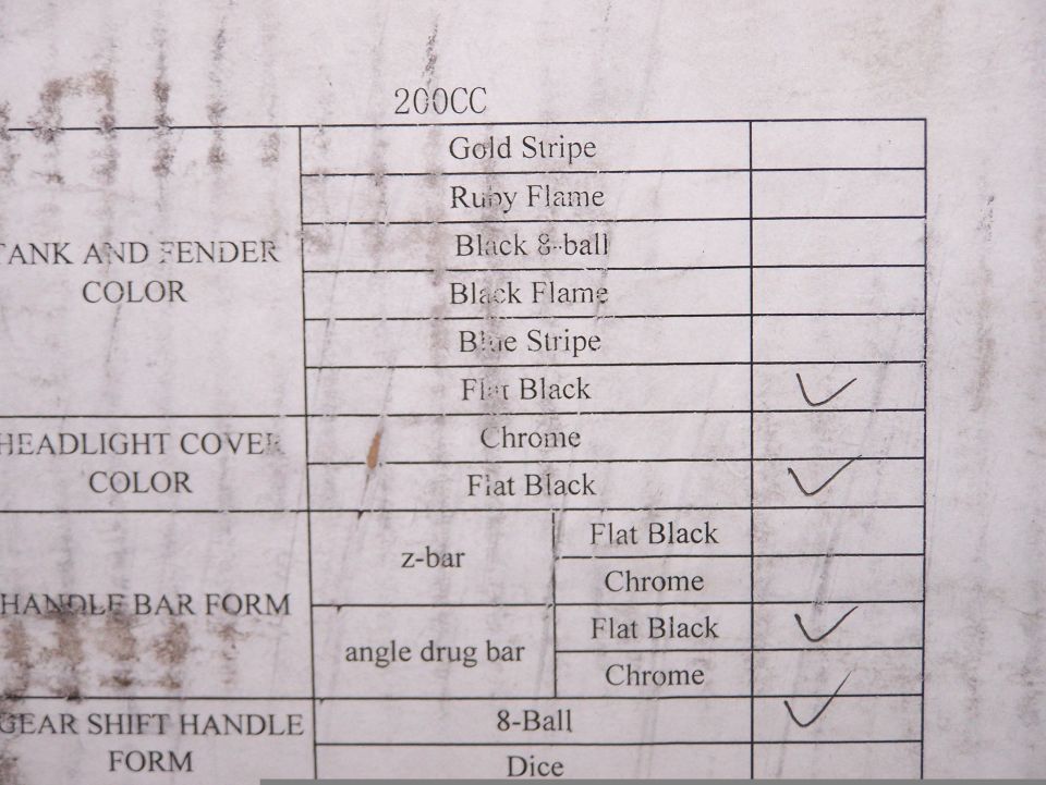Order options sheet listing 200CC tank, fender and handlebar color choices
