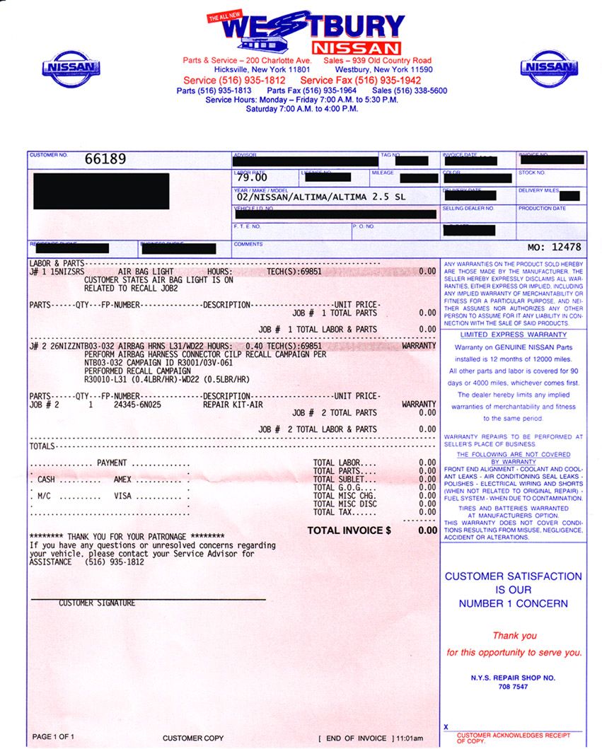 Nissan dealer service invoice for a 2002 Altima airbag harness recall repair