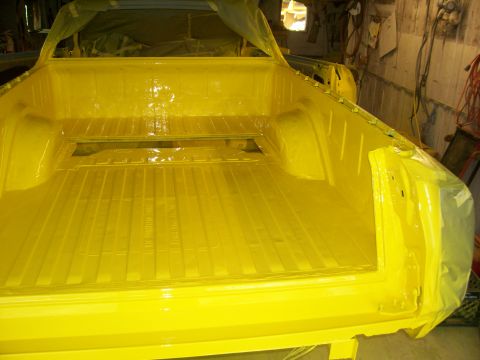 1970 Ford Ranchero - The bed of a 1970 Ford Ranchero is seen here freshly painted yellow and covered in protective plastic.
