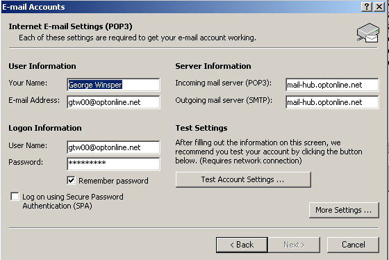 Screenshot of a Windows Outlook POP3 e-mail account settings dialog