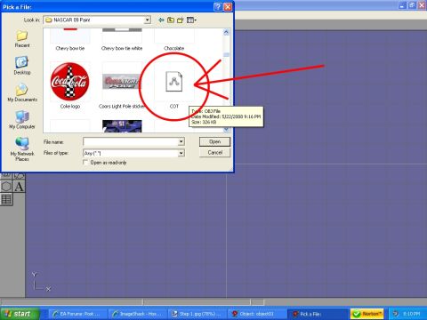2004 Jeep Wrangler - A file picker dialog is displayed on a computer screen, highlighting a COT OBJ file.