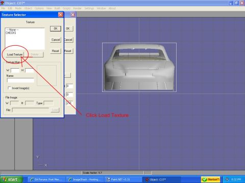 2004 Jeep Wrangler - A 3D model of a car's rear is displayed in a texture editor window, with an arrow pointing to the 'Load Texture' button.
