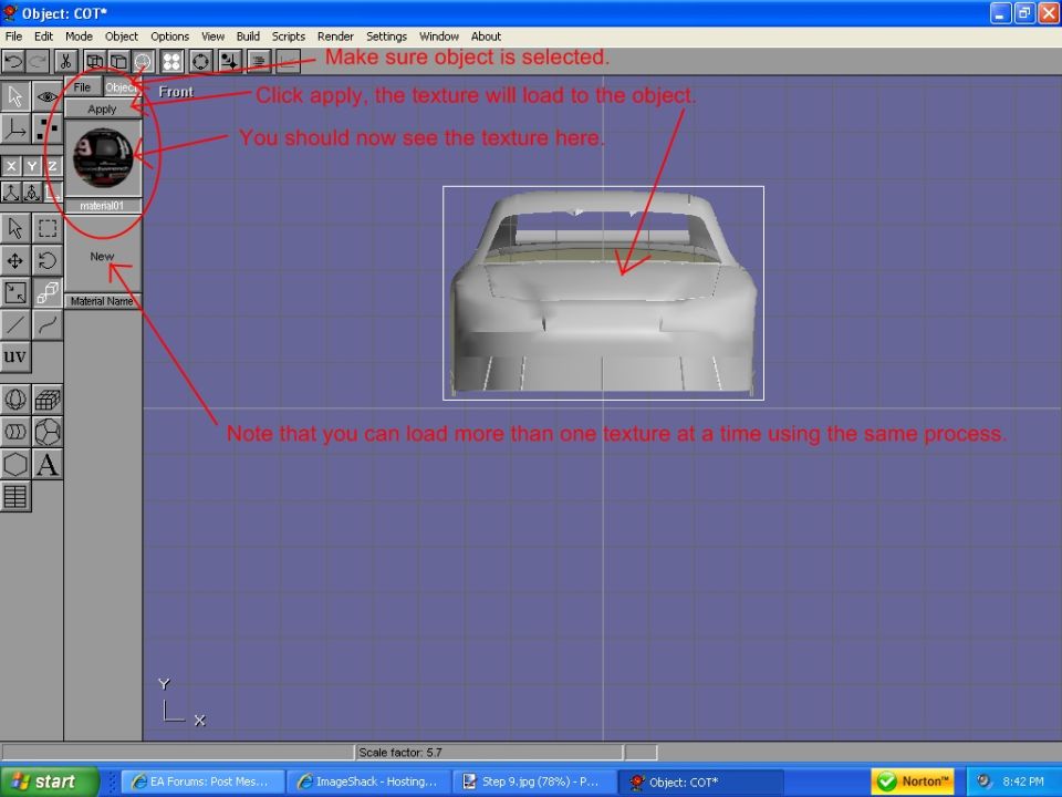 3D car model in wireframe view, showing rear of vehicle with texture application interface