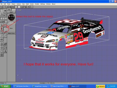 2004 Jeep Wrangler - Screenshot of 3D modeling software displaying a number 29 NASCAR body model with a rotate-tool tutorial note.