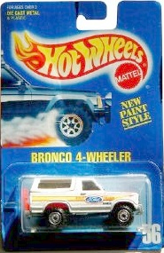 1992 Ford Bronco - Die-cast model of a 1992 Ford Bronco toy car, presented in its original Hot Wheels packaging.