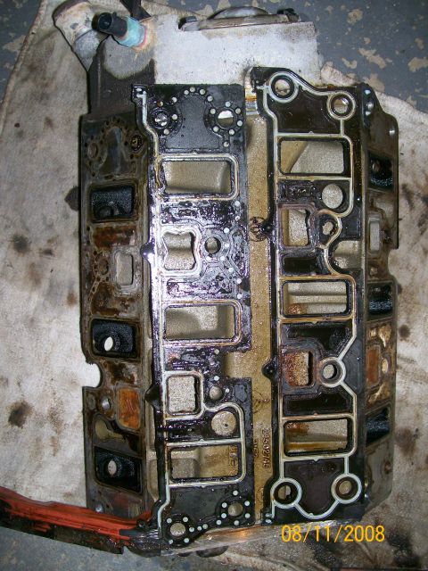 1995 Mercury Grand Marquis - A used engine intake manifold gasket shows signs of wear and tear, with oil and rust visible.