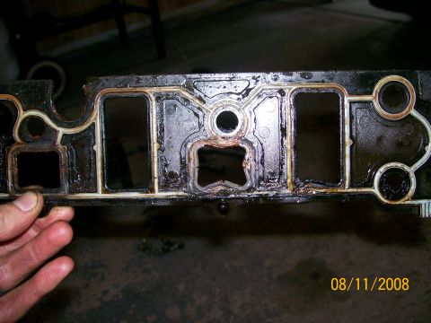 1995 Mercury Grand Marquis - A used intake manifold gasket is held by a hand, showing signs of wear and oil contamination.