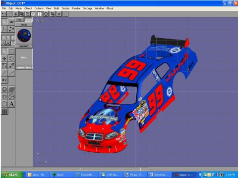 2004 Jeep Wrangler - A 3D render of a blue and red Dodge Charger race car with the number 99 is displayed on a grid background within a software interface.