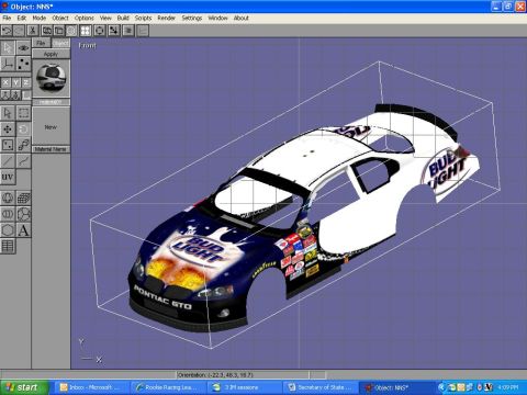 2004 Jeep Wrangler - A 3D model of a Bud Light sponsored race car is displayed in a modeling software interface. The software shows various tools and material o…