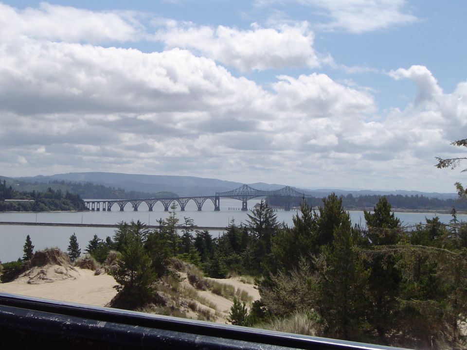 Scenic view of an arched bridge over a bay with clouds and trees