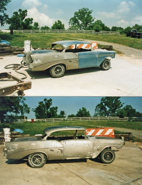 2007 Ford Mustang - Photographs of a 1957 Chevrolet Bel Air during paint stripping and bodywork, not a technical document.