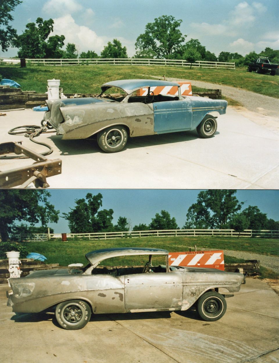 Two photos of a 1957 Chevrolet Bel Air hardtop being stripped to bare metal
