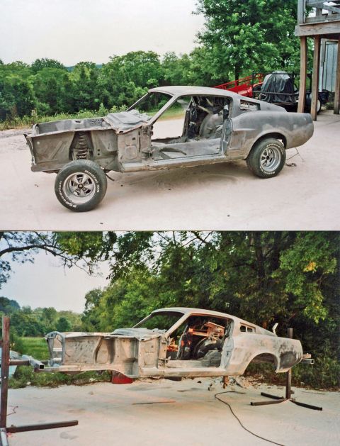 2007 Ford Mustang - Restoration photographs of a Mustang fastback body shell on a dolly, not a technical document.