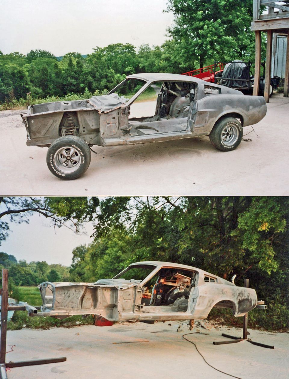 Two photos of a Mustang fastback body shell stripped during a restoration