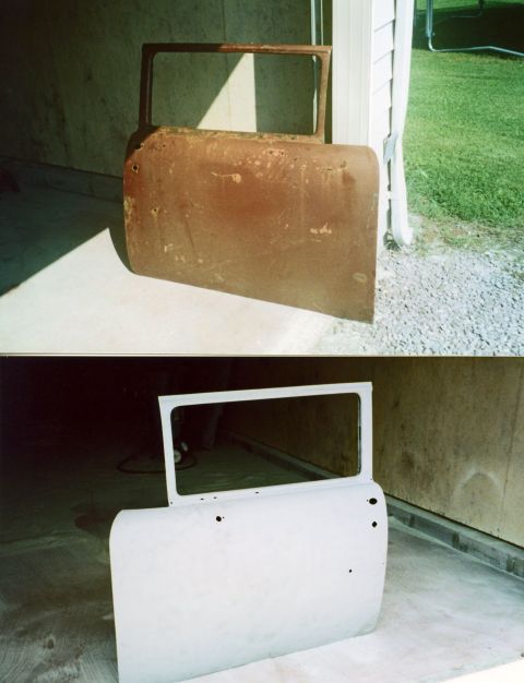 2007 Ford Mustang - Photographs of a removed car door panel before and after priming, not a technical document.
