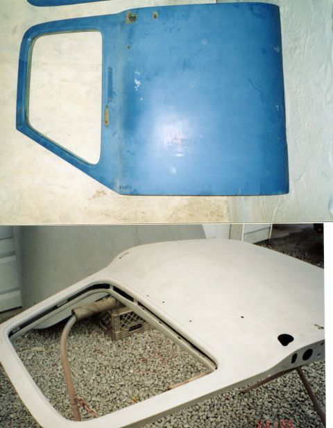 2007 Ford Mustang - Restoration photographs of a blue door panel and a roof skin, not a technical document.