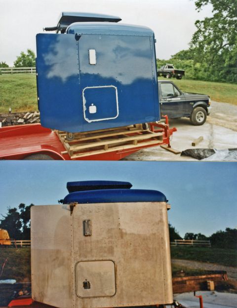 2007 Ford Mustang - Photographs of a truck cab being painted, shown on a flatbed trailer, not a technical document.