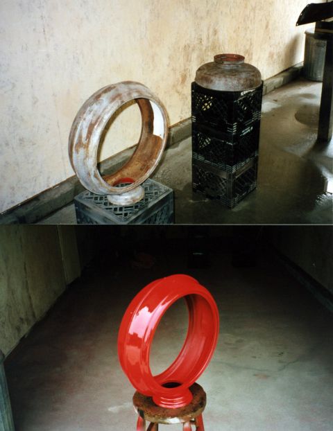 2007 Ford Mustang - Photographs of a round grille surround on milk crates, before and after red paint, not a technical document.