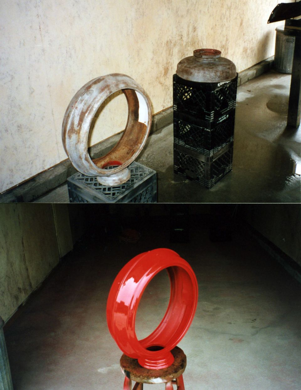 Two photos of a circular metal grille bezel, weathered and painted red