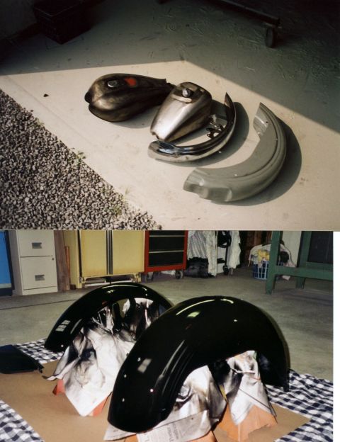 2007 Ford Mustang - Photographs of motorcycle sheet-metal parts including fenders and tank during refinishing, not a technical document.