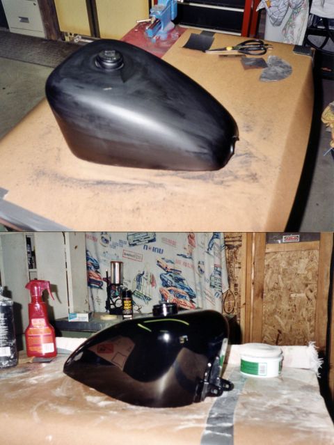 2007 Ford Mustang - Photographs of a motorcycle fuel tank during paint and bodywork, not a technical document.