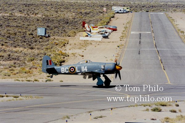 Gray Hawker Sea Fury airplane on a runway with other aircraft in the background.