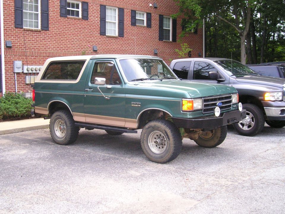 Green Ford Bronco Eddie Bauer parked outside a brick building