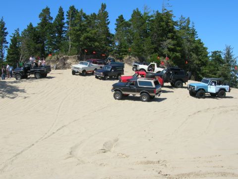 1996 Ford Bronco - A group of Ford Broncos and trucks are parked on a sandy dune with pine trees in the background under a clear blue sky.