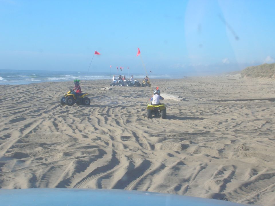 Yellow ATV with a person wearing a green wig on a sandy beach.