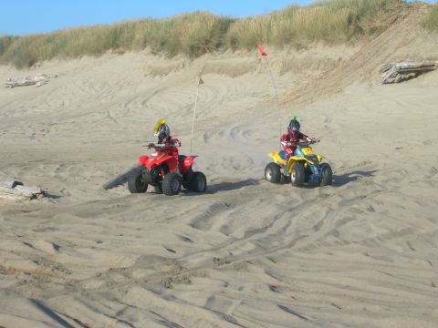 1996 Ford Bronco - Two children ride ATVs on a sandy dune landscape under a clear blue sky. The ATV on the left is red, and the ATV on the right is yellow and…