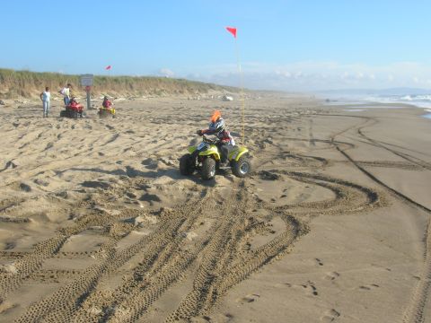1996 Ford Bronco - A person rides a yellow ATV on a sandy beach with tire tracks visible in the sand. In the background, other people and ATVs are present nea…