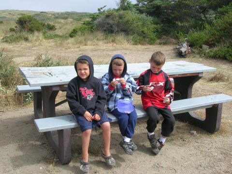 1996 Ford Bronco - Three young boys sit on a picnic bench in a sandy, outdoor setting with dunes and vegetation in the background.