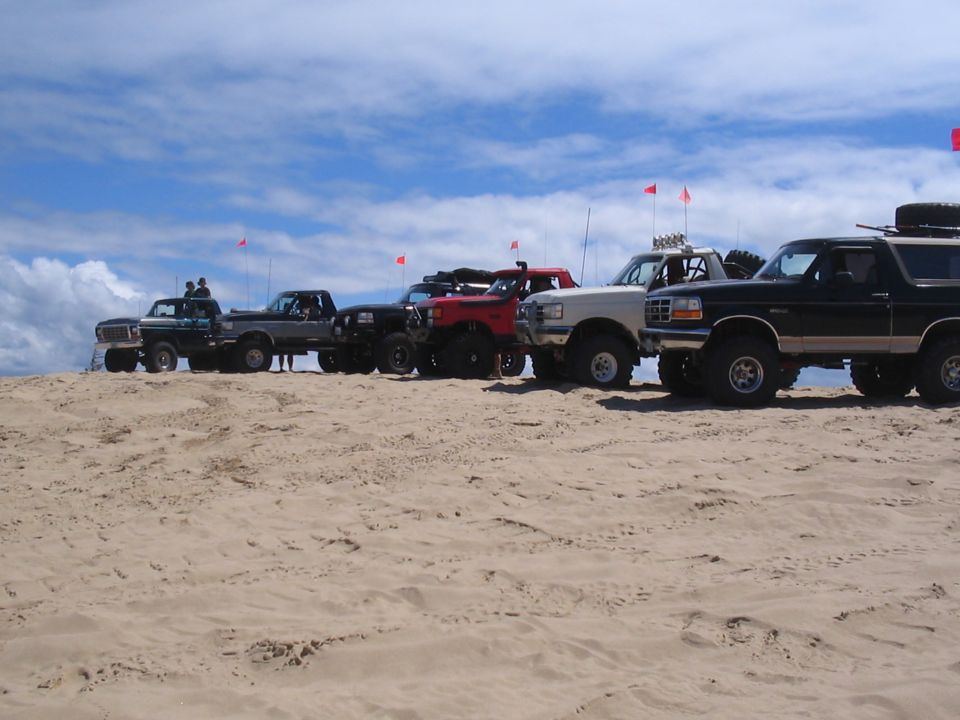 Several off-road trucks and SUVs parked in a line on a sand dune.