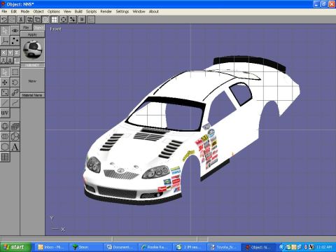 2004 Jeep Wrangler - A 3D model of a white NASCAR-style car body with various sponsor decals is displayed in a 3D modeling software. The car model is shown from…